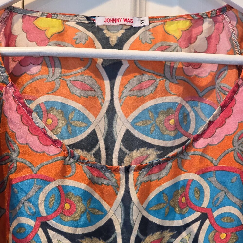 EUC: JOHNNY WAS Lentine Scarf Print Silk Blouse - Picture 7 of 9